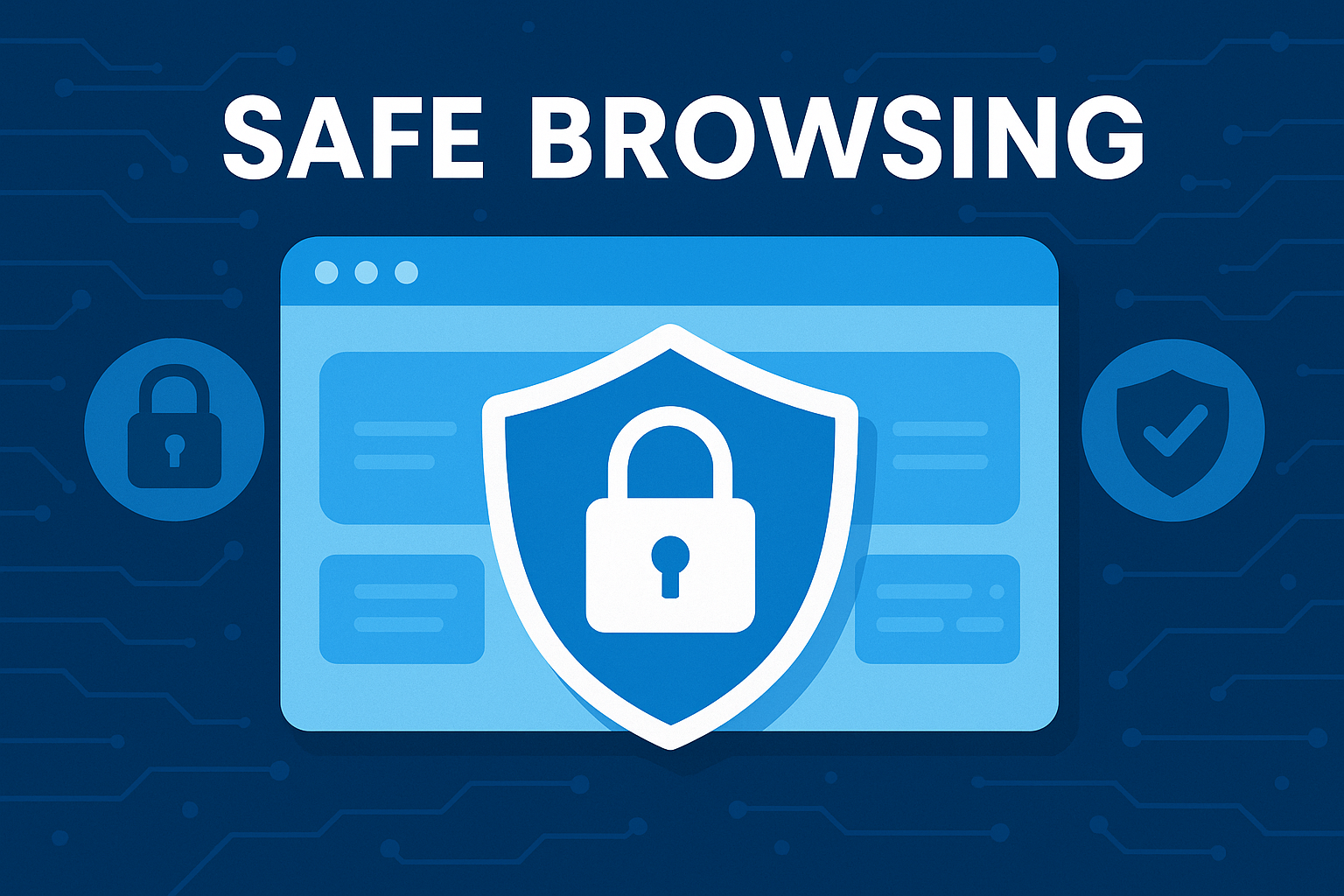 잠금 아이콘과 회로 패턴이 돋보이는 안전한 웹사이트 이용 배너 이미지입니다. ‘Safe Browsing’ 문구와 함께 개인정보 보호, VPN 사용, 악성 코드 예방 등 보안 메시지를 시각적으로 전달합니다.